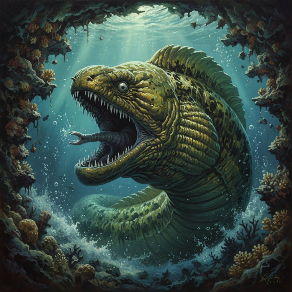 Giant Moray Eel, original Pathfinder 2e monster artwork by ZapGM