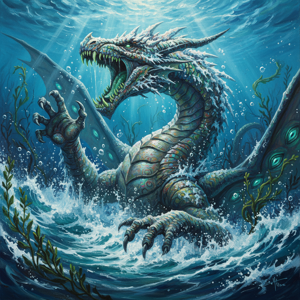 Ancient Brine Dragon, original Pathfinder 2e monster artwork by ZapGM