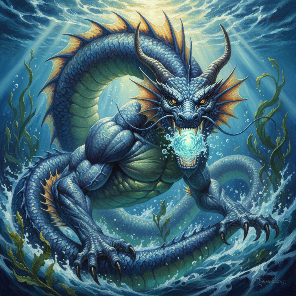 Ancient Sea Dragon, original Pathfinder 2e monster artwork by ZapGM