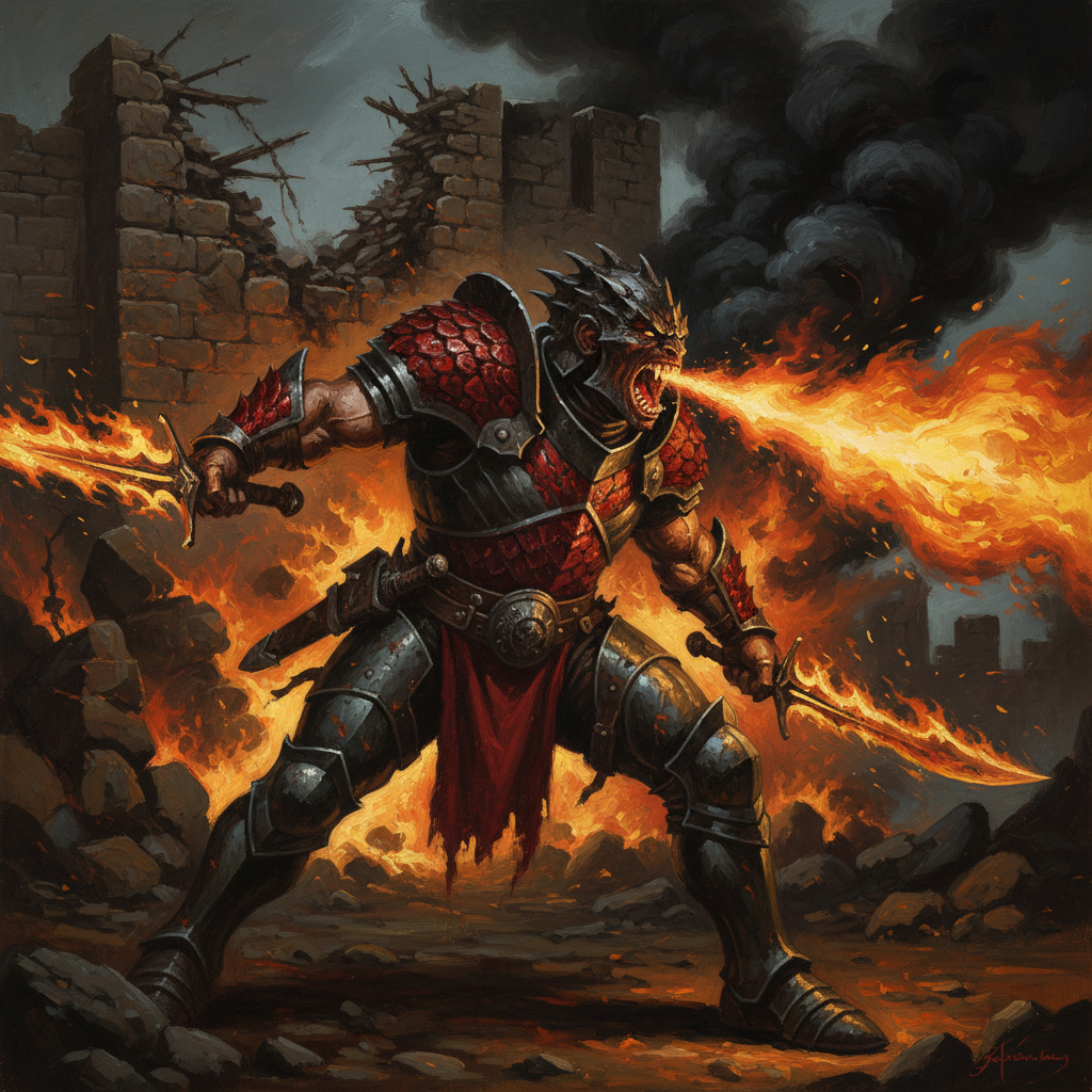 Half-Red Dragon Veteran, original D&D 5e monster artwork by ZapGM