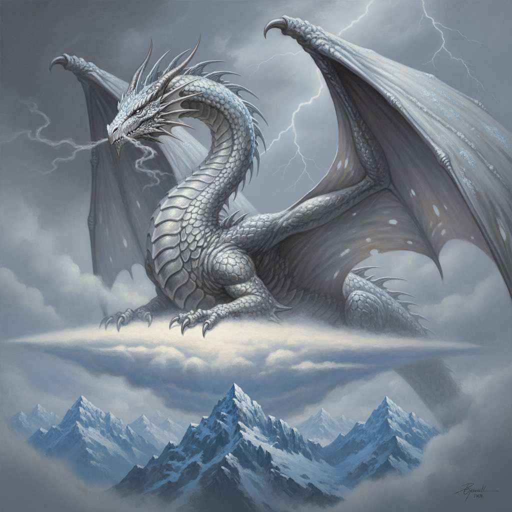 Young Silver Dragon, original Pathfinder 2e monster artwork by ZapGM