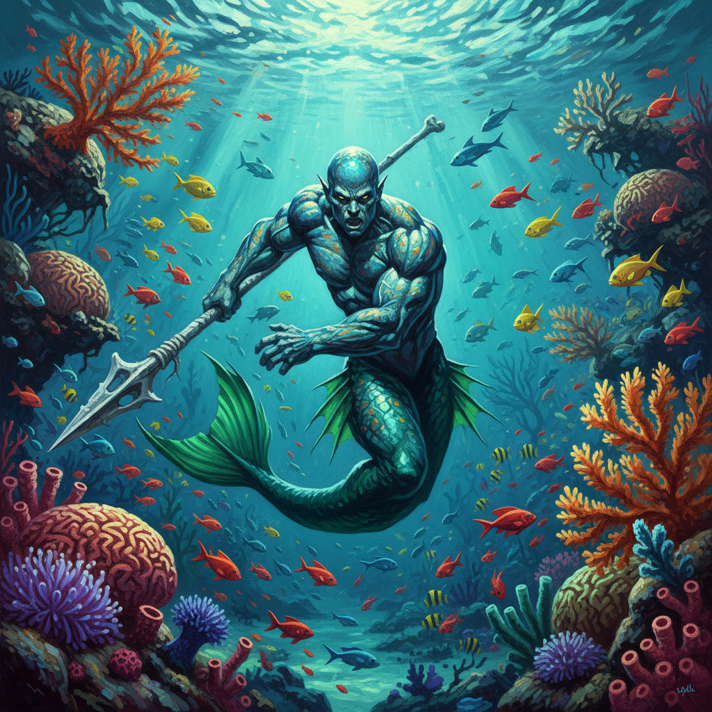 Merfolk Warrior, original Pathfinder 2e monster artwork by ZapGM