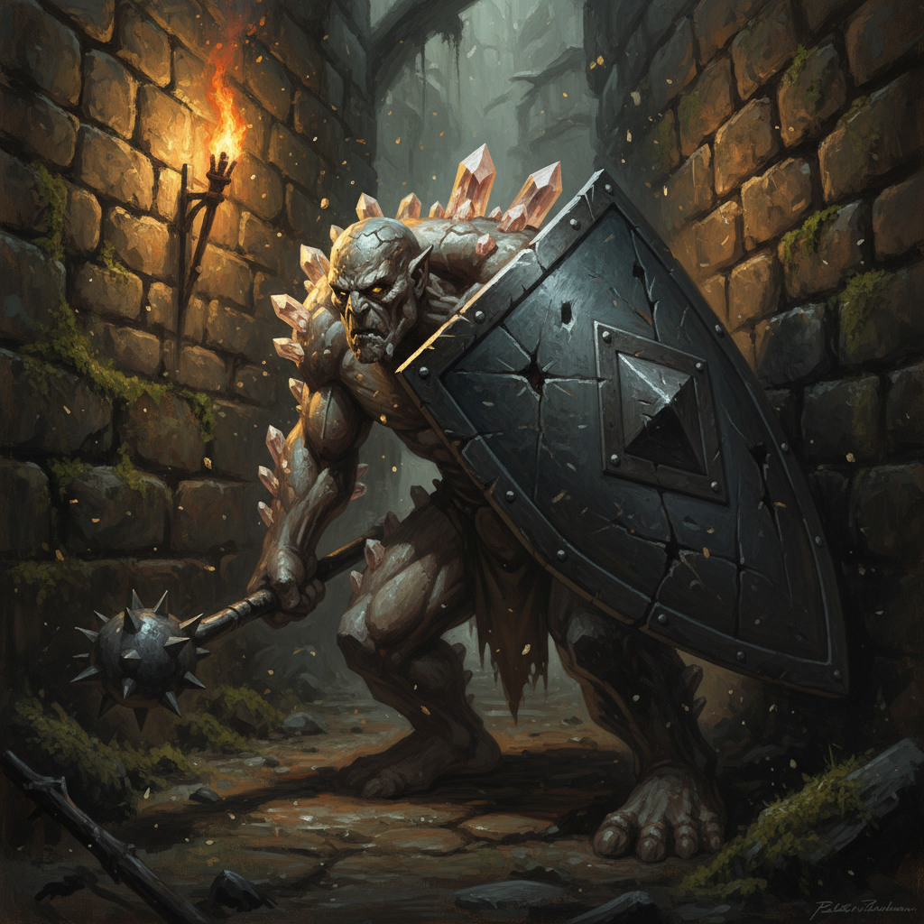 Oread Guard, original Pathfinder 2e monster artwork by ZapGM