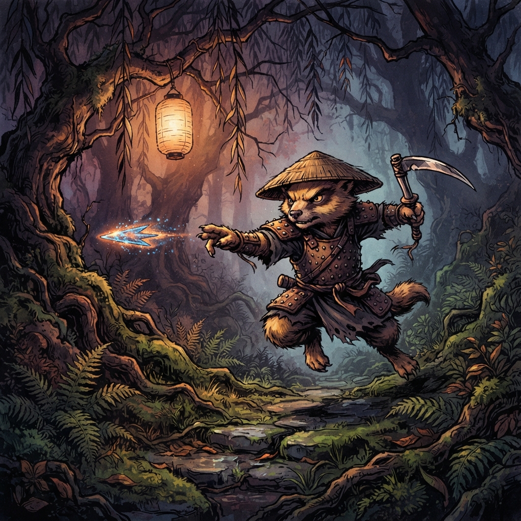 Tanuki Village Hero, original Pathfinder 2e monster artwork by ZapGM