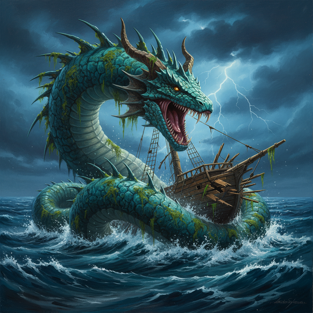 Sea Serpent, original Pathfinder 2e monster artwork by ZapGM