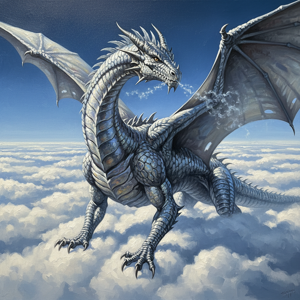 Adult Silver Dragon, original Pathfinder 2e monster artwork by ZapGM