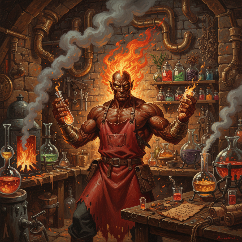 Ifrit Pyrochemist, original Pathfinder 2e monster artwork by ZapGM