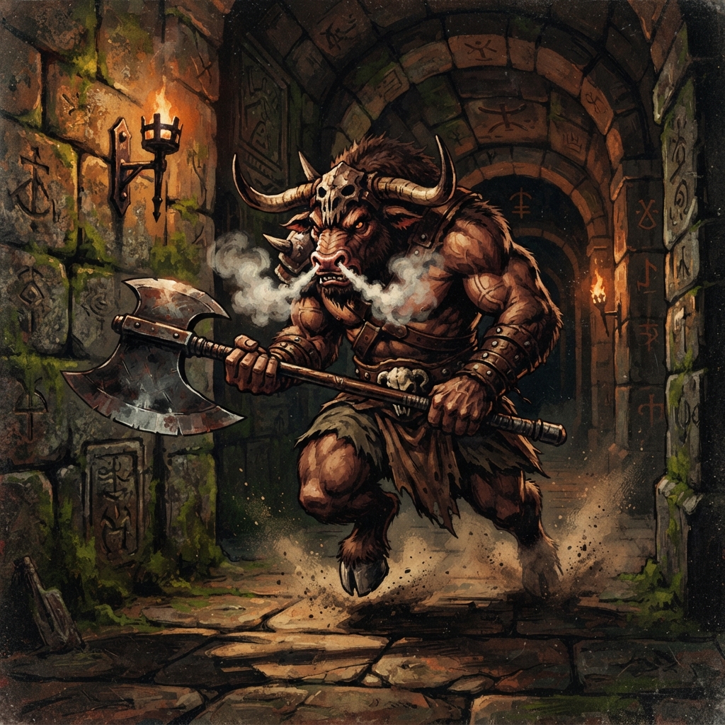Minotaur Hunter, original Pathfinder 2e monster artwork by ZapGM