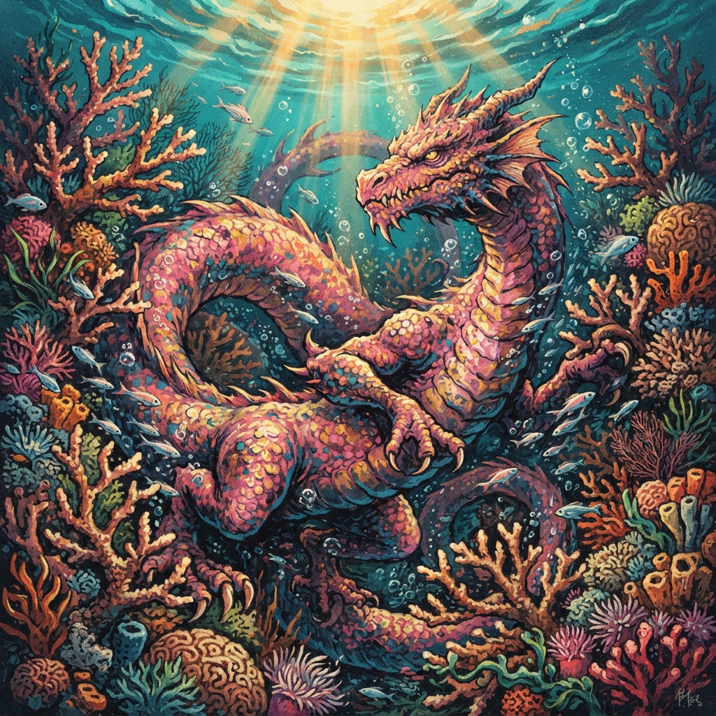Coral Dragon (Young, Spellcaster), original Pathfinder 2e monster artwork by ZapGM