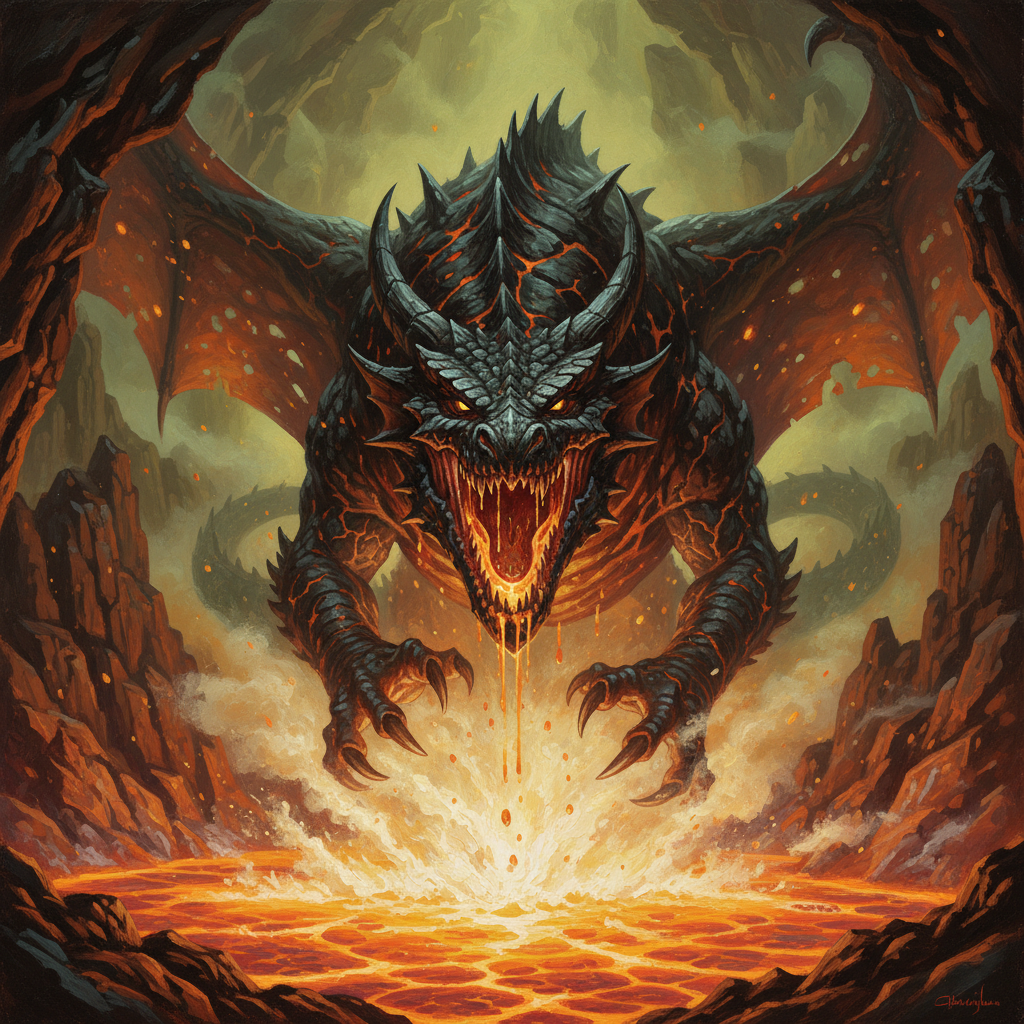 Adult Magma Dragon, original Pathfinder 2e monster artwork by ZapGM