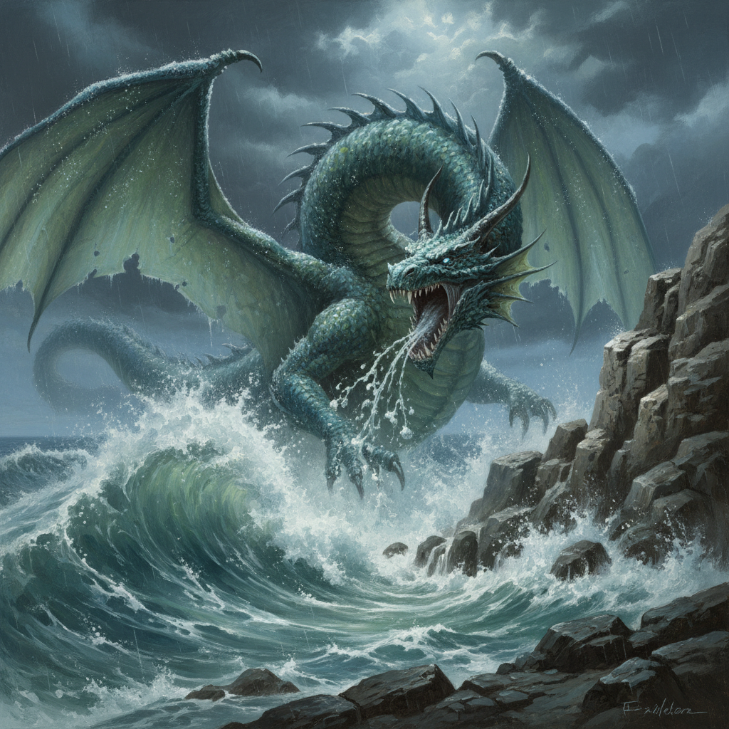 Adult Brine Dragon, original Pathfinder 2e monster artwork by ZapGM