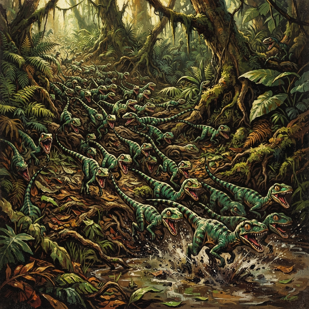 Compsognathus Swarm, original Pathfinder 2e monster artwork by ZapGM