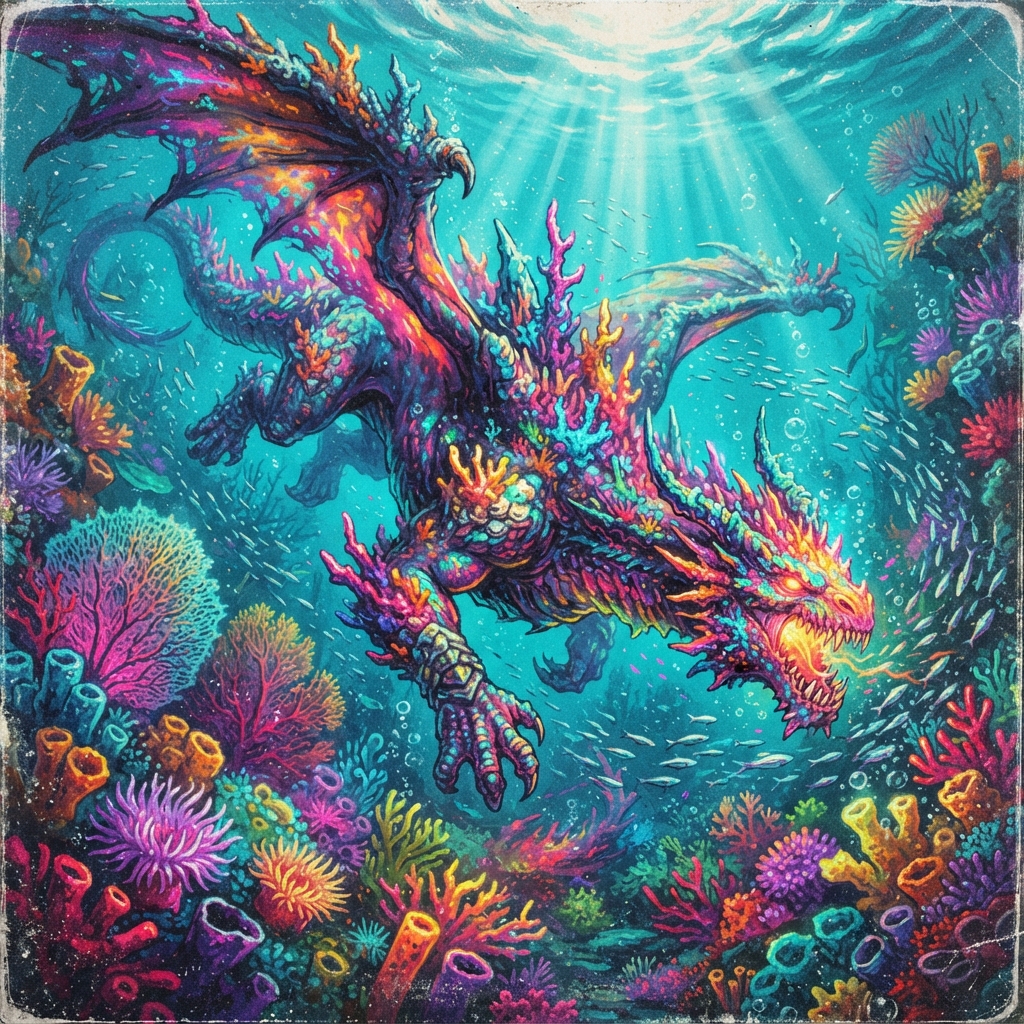 Coral Dragon (Ancient, Spellcaster), original Pathfinder 2e monster artwork by ZapGM