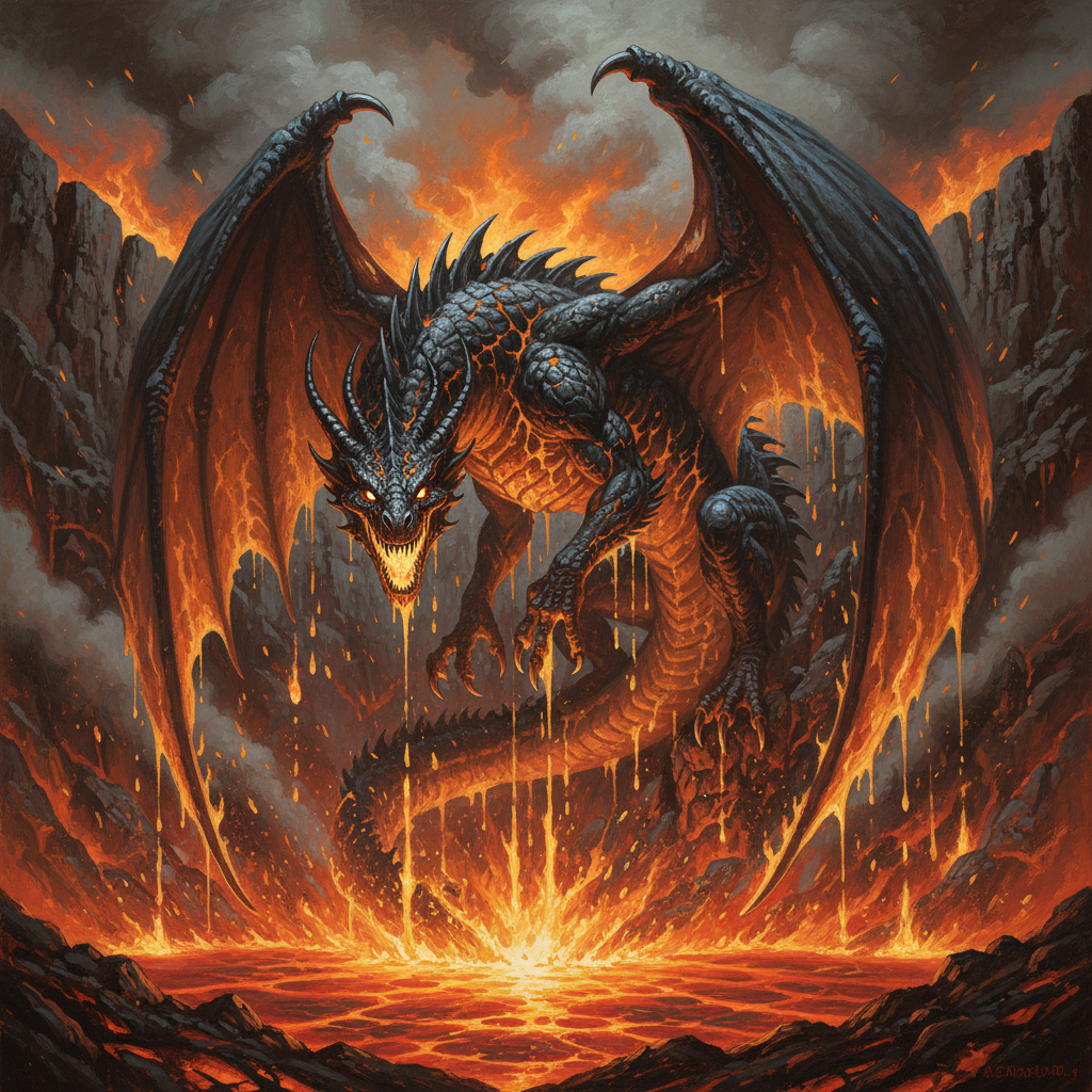 Ancient Magma Dragon, original Pathfinder 2e monster artwork by ZapGM