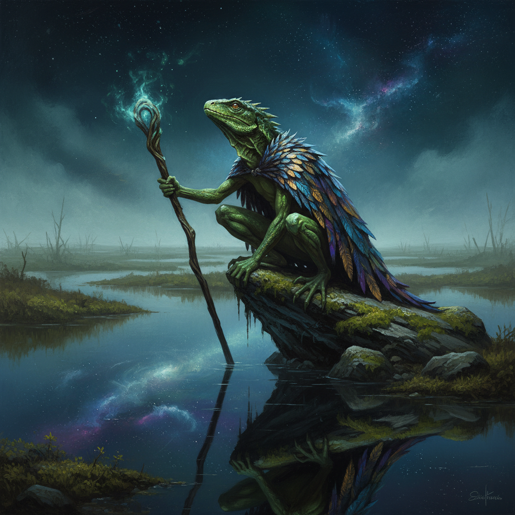 Lizardfolk Stargazer, original Pathfinder 2e monster artwork by ZapGM