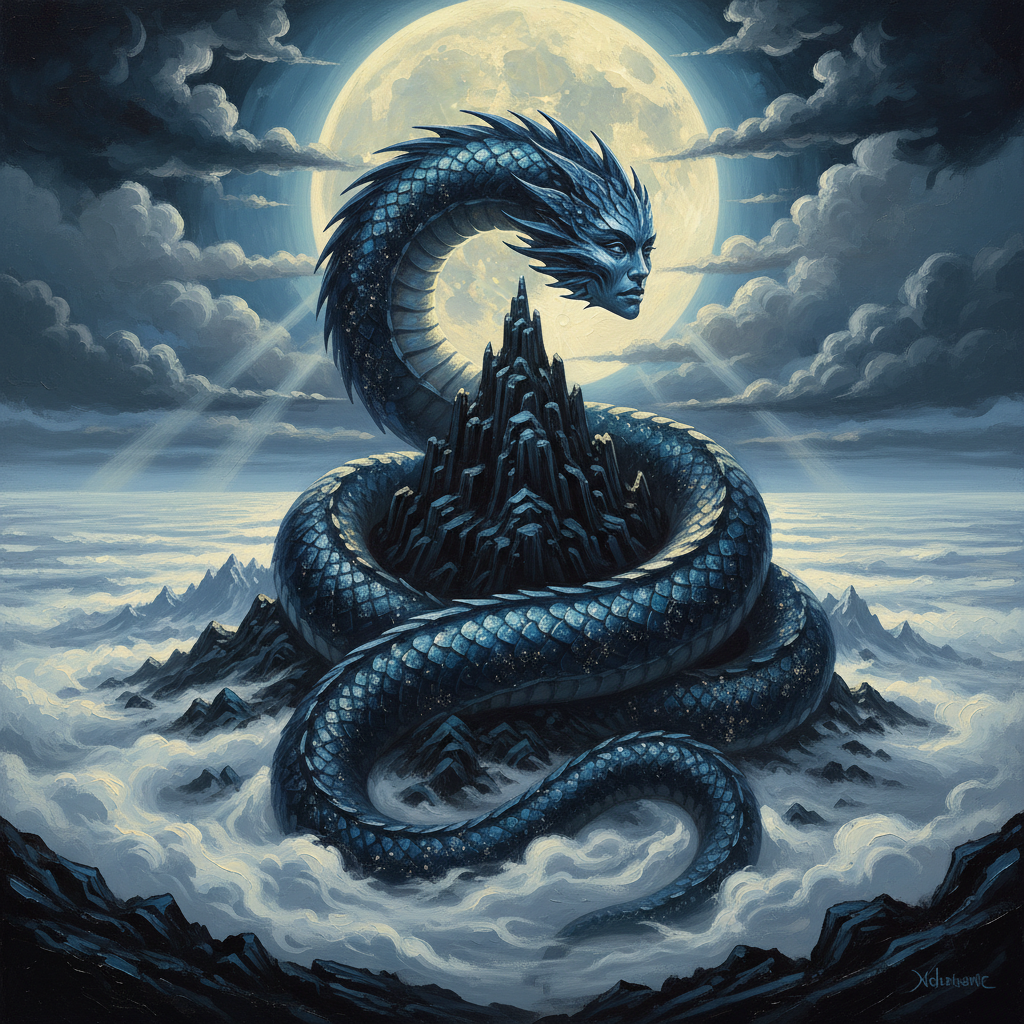 Lunar Naga, original Pathfinder 2e monster artwork by ZapGM