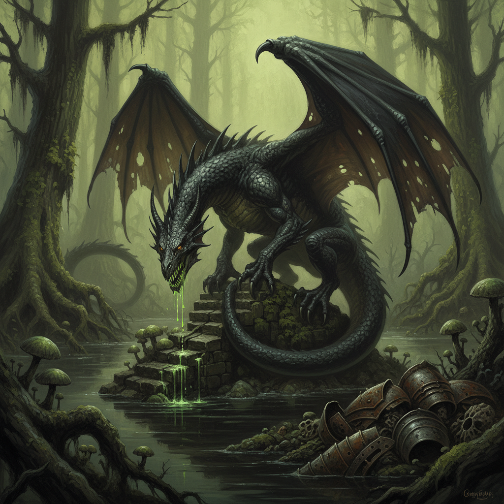 Young Black Dragon, original Pathfinder 2e monster artwork by ZapGM