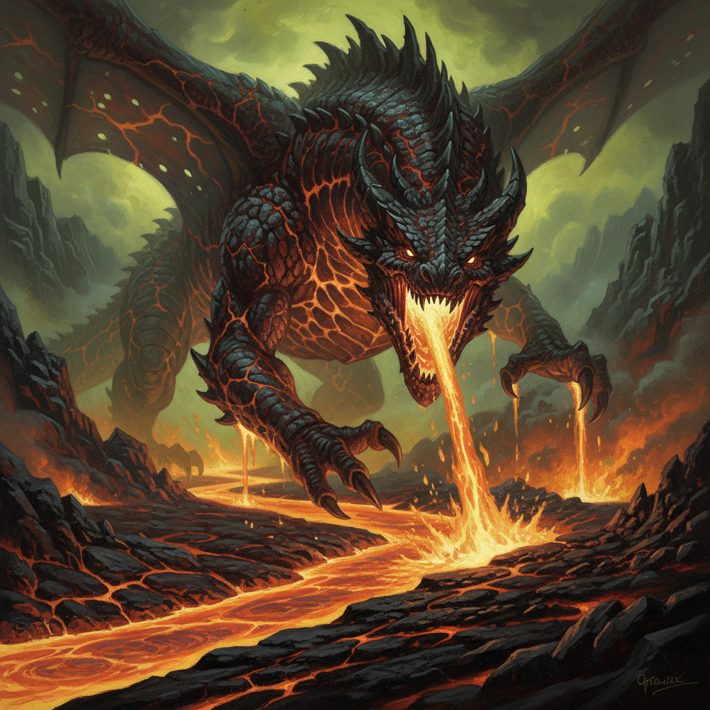 Young Magma Dragon, original Pathfinder 2e monster artwork by ZapGM