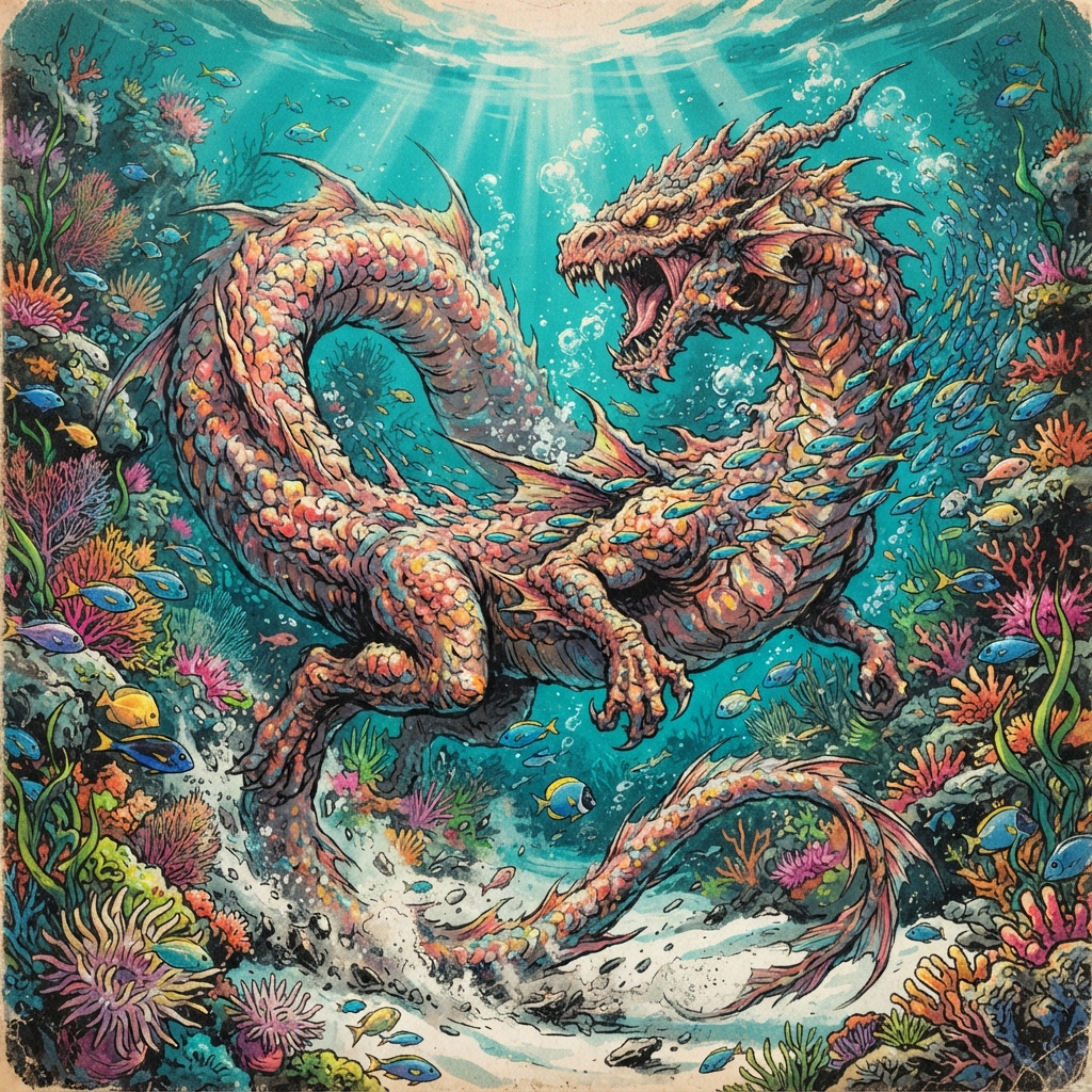 Coral Dragon (Young), original Pathfinder 2e monster artwork by ZapGM