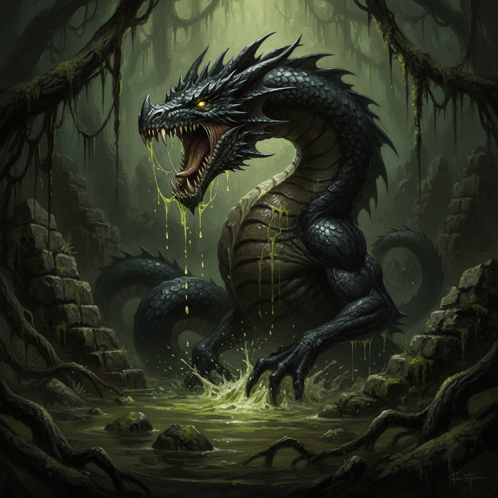 Young Black Dragon, original D&D 5e monster artwork by ZapGM
