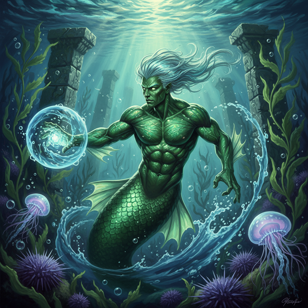 Merfolk Wavecaller, original Pathfinder 2e monster artwork by ZapGM