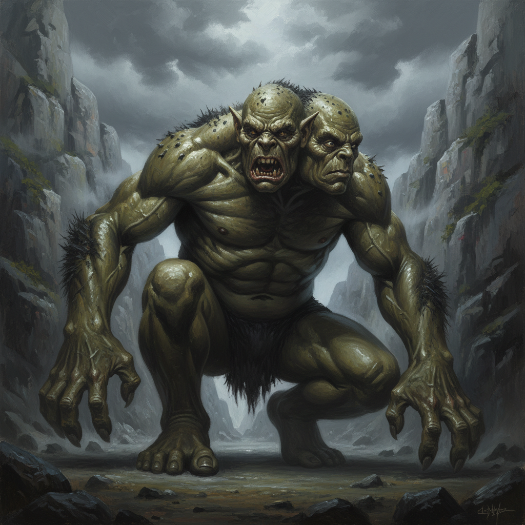Two-headed Troll, original Pathfinder 2e monster artwork by ZapGM