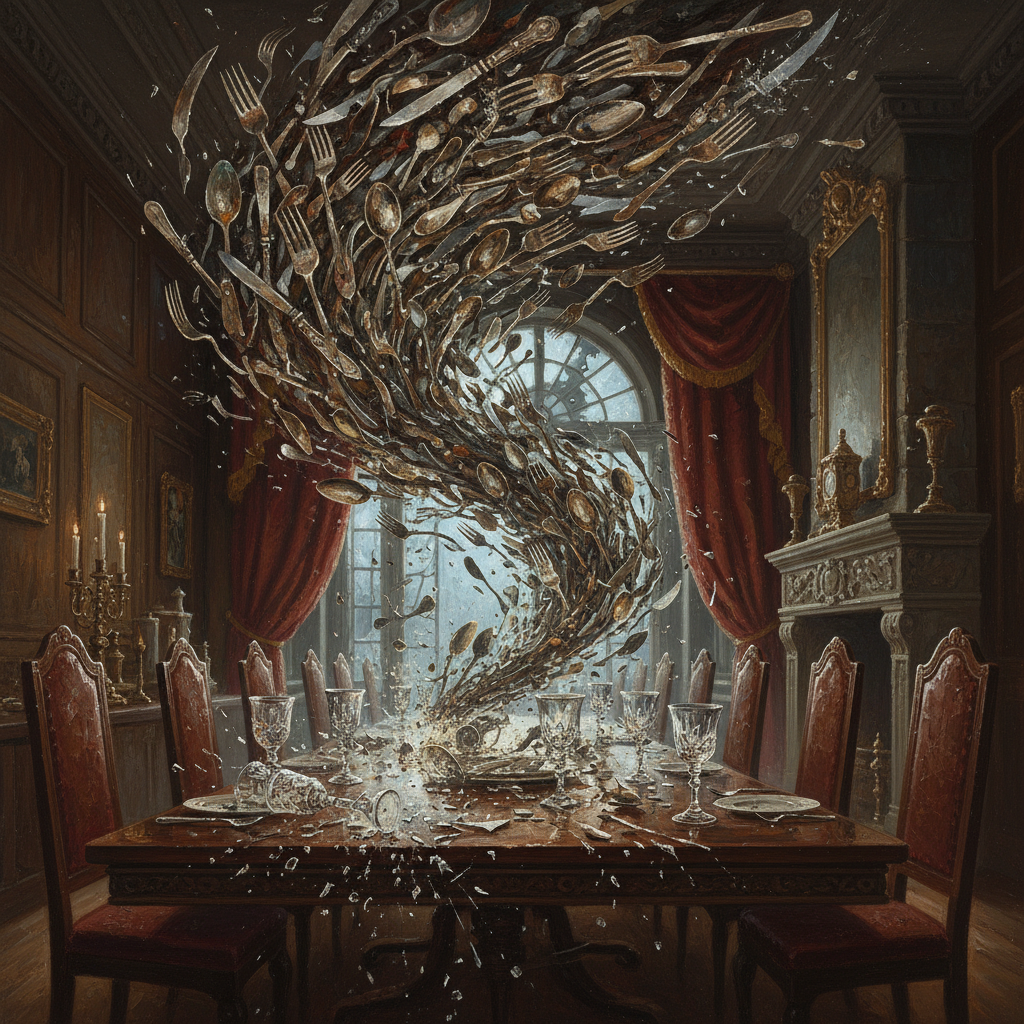 Animated Silverware Swarm, original Pathfinder 2e monster artwork by ZapGM