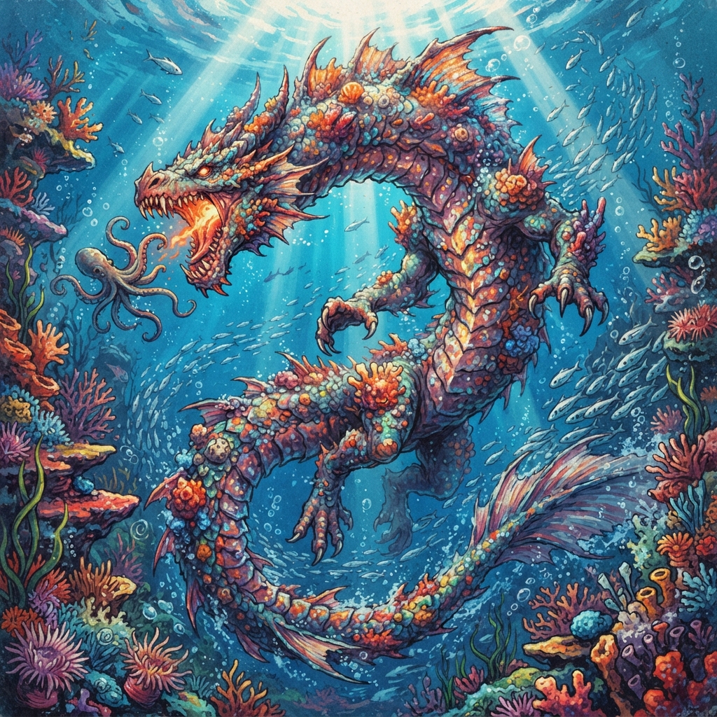 Coral Dragon (Adult, Spellcaster), original Pathfinder 2e monster artwork by ZapGM