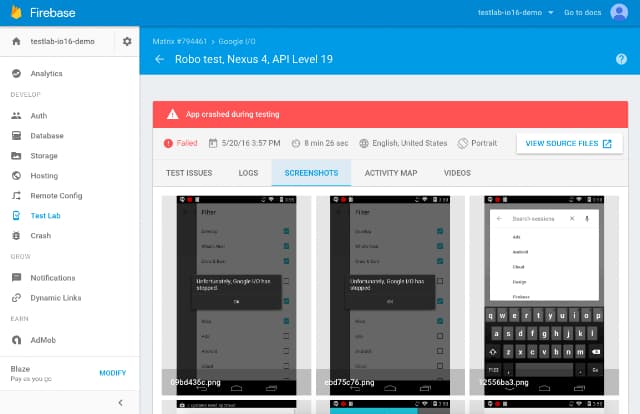 Test results displayed in the Firebase console