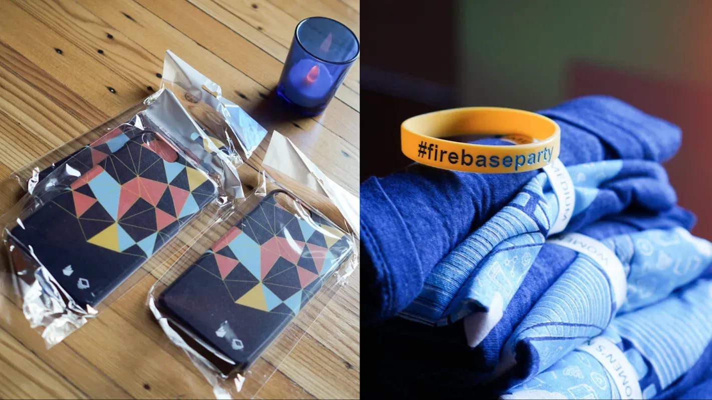 A yellow firebase band and blue firebase socks