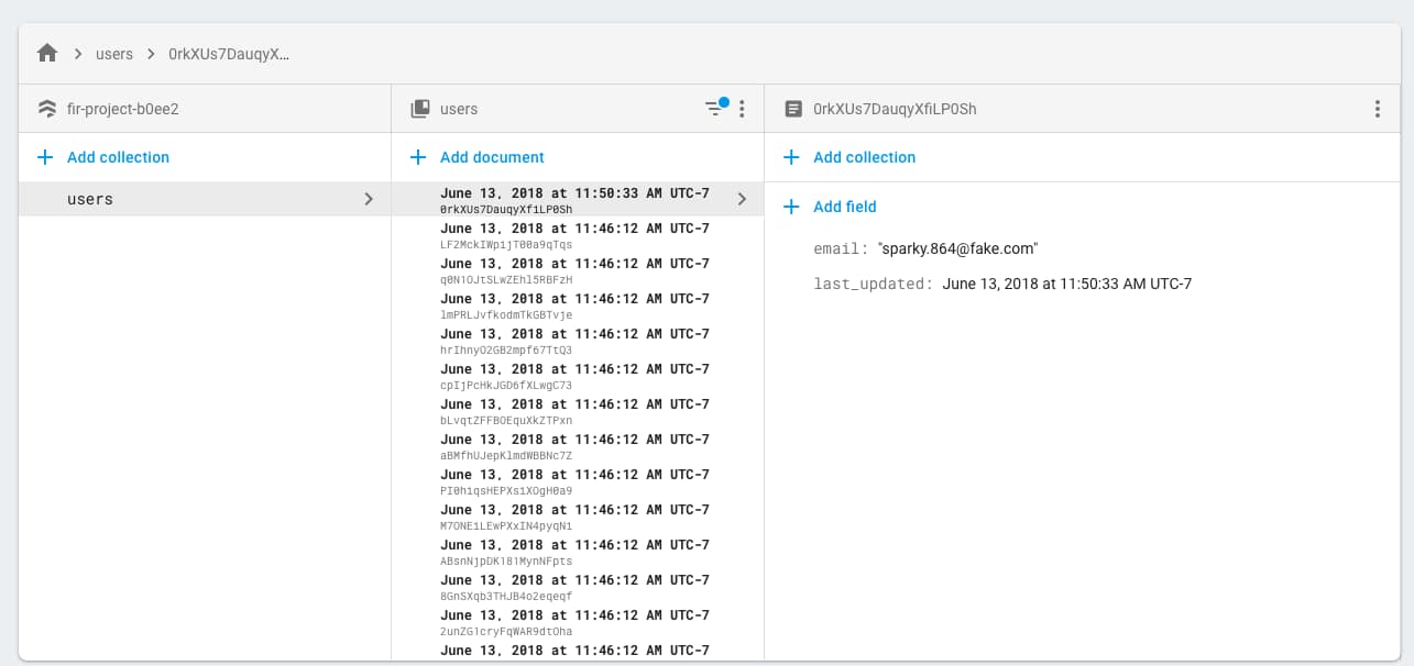 Image showing Cloud Firestore data viewer in the console with the filter applied and documents ordered according to update_time ascending