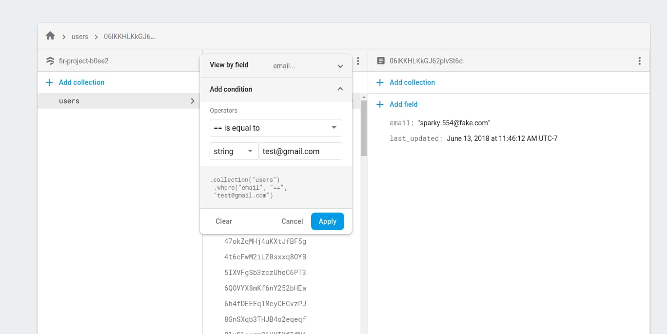 Image showing Cloud Firestore data viewer in the console with menu opened, add filter section opened and ‘== is equal to’ selected with ‘test@gmail.com’ typed into input field