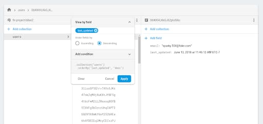 Image showing Cloud Firestore data viewer in the console with menu opened and update_time inputted into the field input box