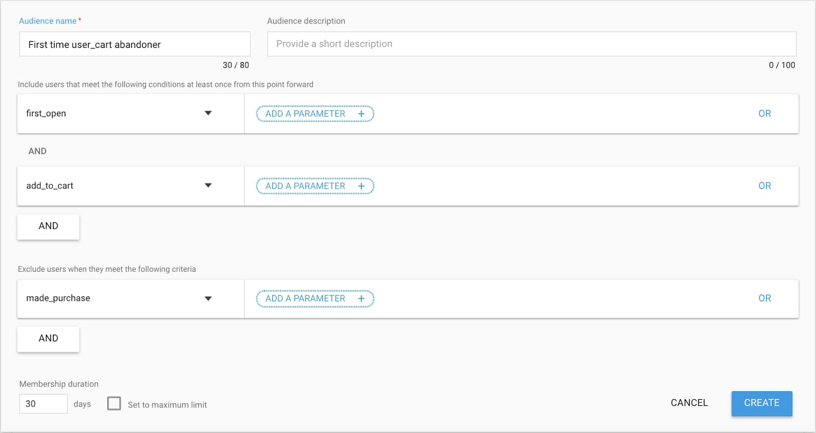 Build a dynamic audience for first time users that have abandoned their cart