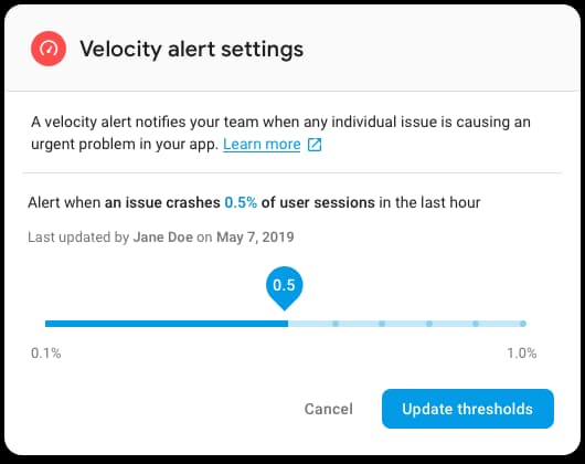 Velocity alert settings