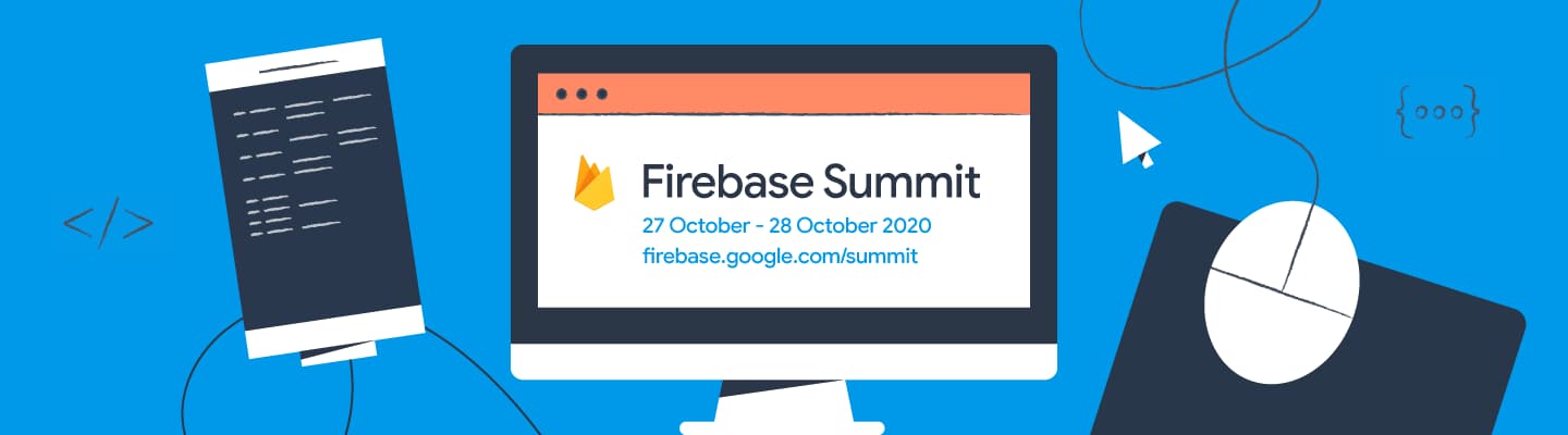 An illustrated banner of a laptop that displays a website with a large "Firebase Summit" header.