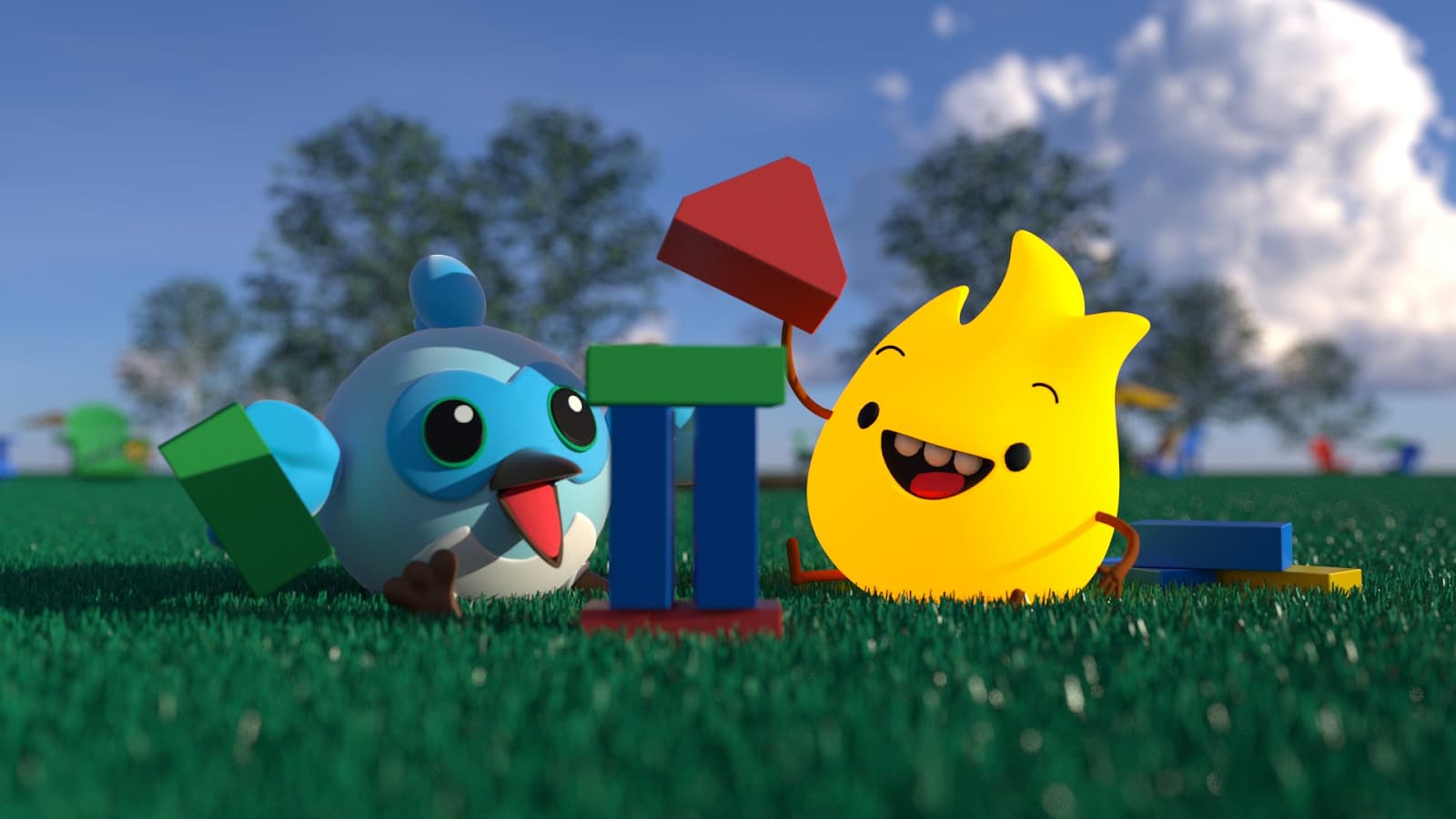 Animation of Sparky and Dash playing with blocks