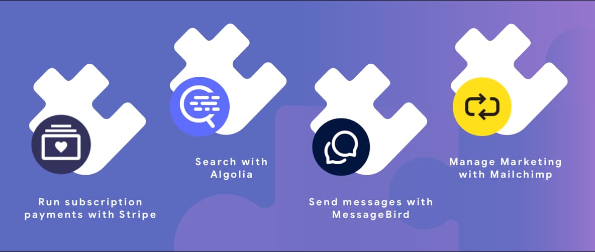 4 white puzzle pieces signifying the 4 Firebase partners with a Purple background