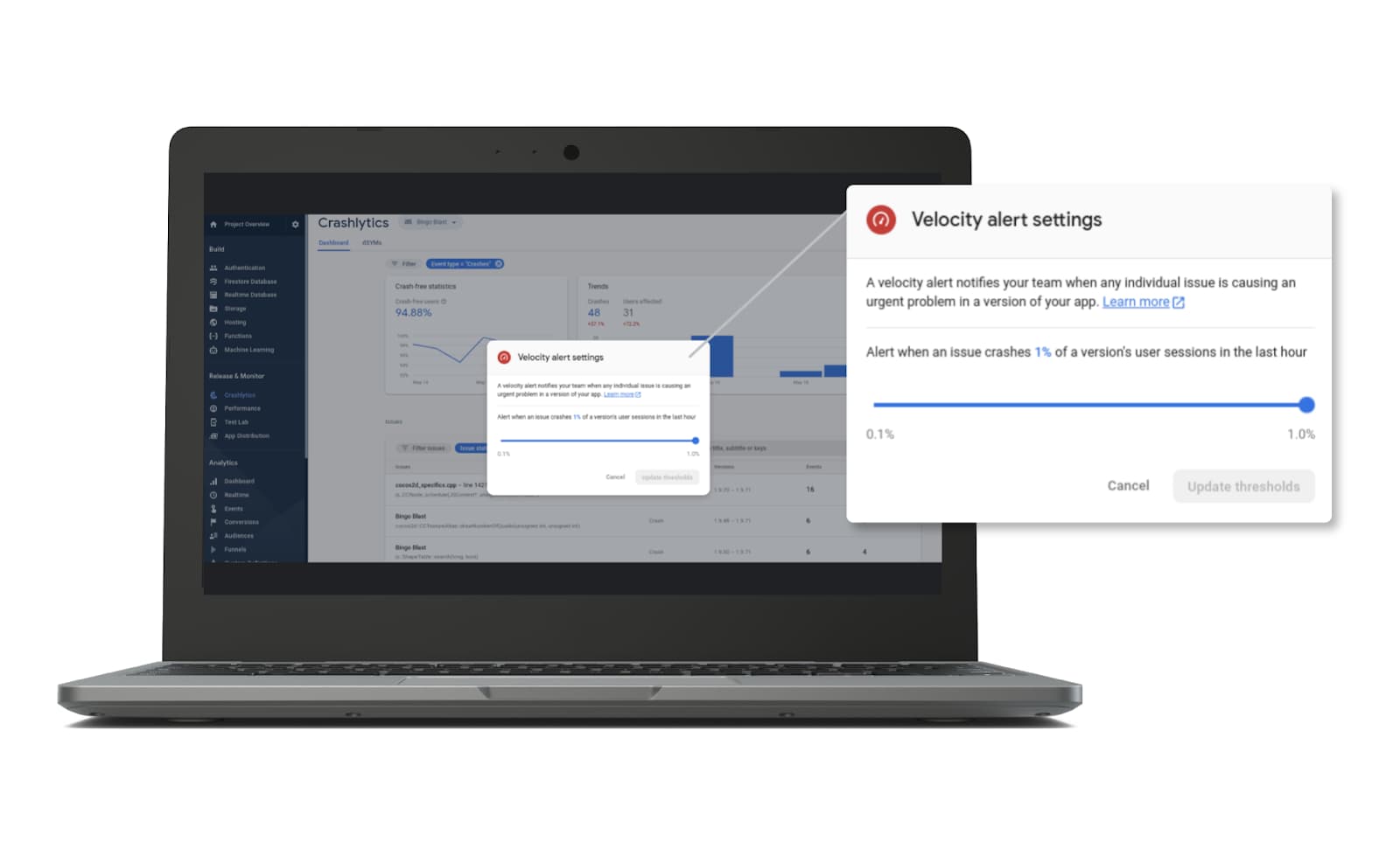 Velocity alert settings in the Firebase Console 
