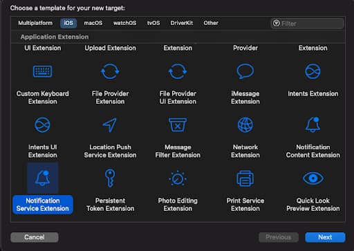To log alert notifications delivery, you first need to add a Notification Service Extension to your project in Xcode