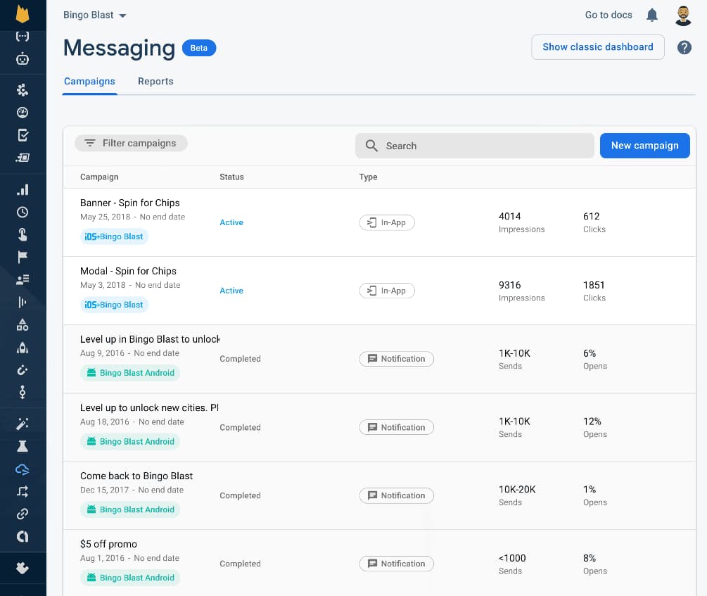 The unified dashboard for Cloud Messaging and In-App Messaging lets you view and manage your campaigns from one place