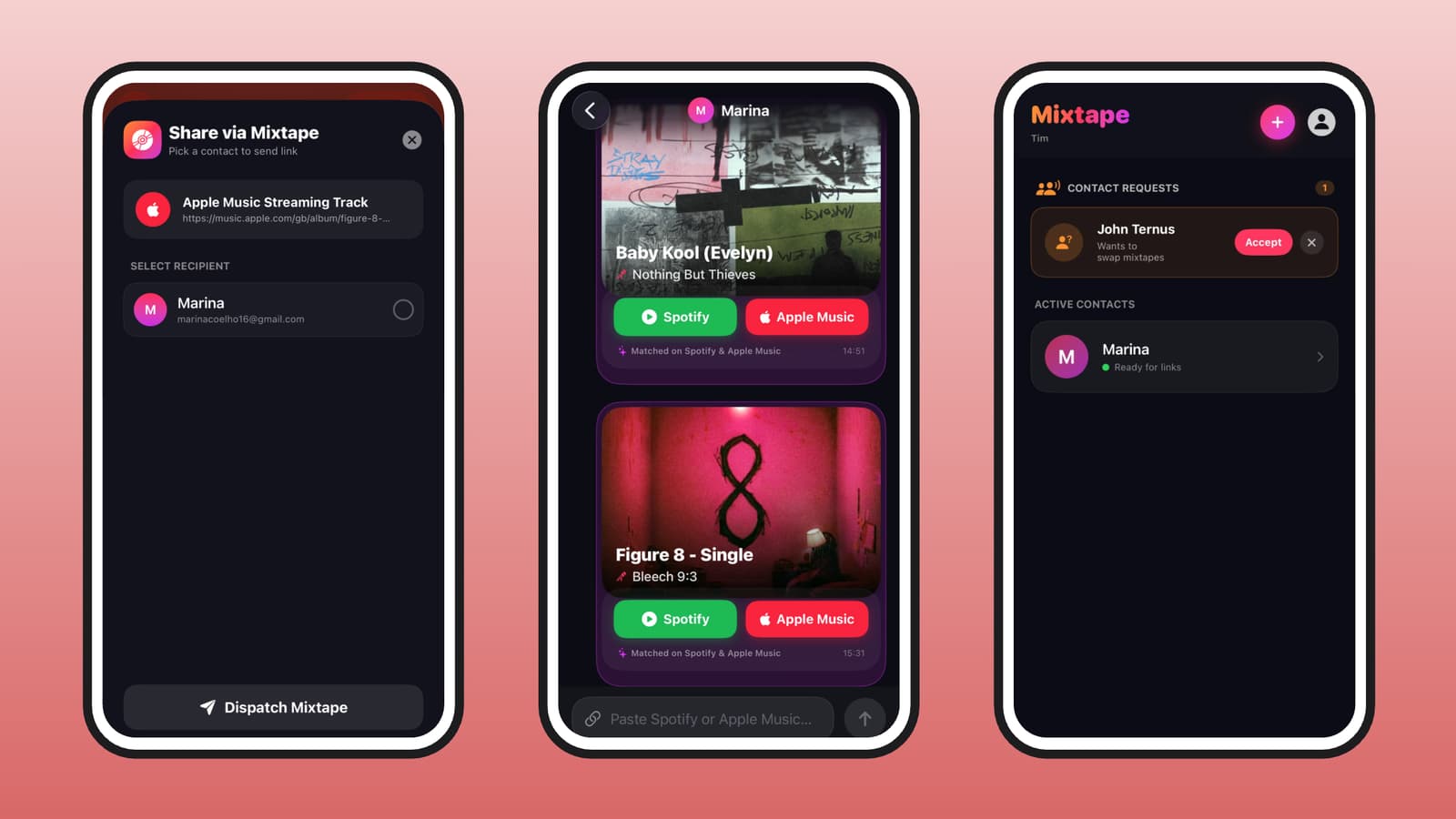 Mixtape iOS app interface showing share sheet, chat, and contacts screens
