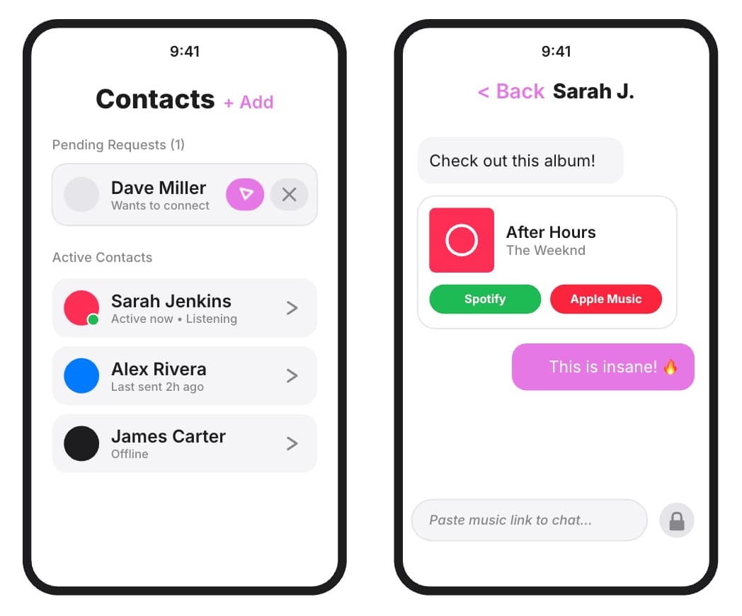Mixtape app UI mockups showing the contacts list and chat view