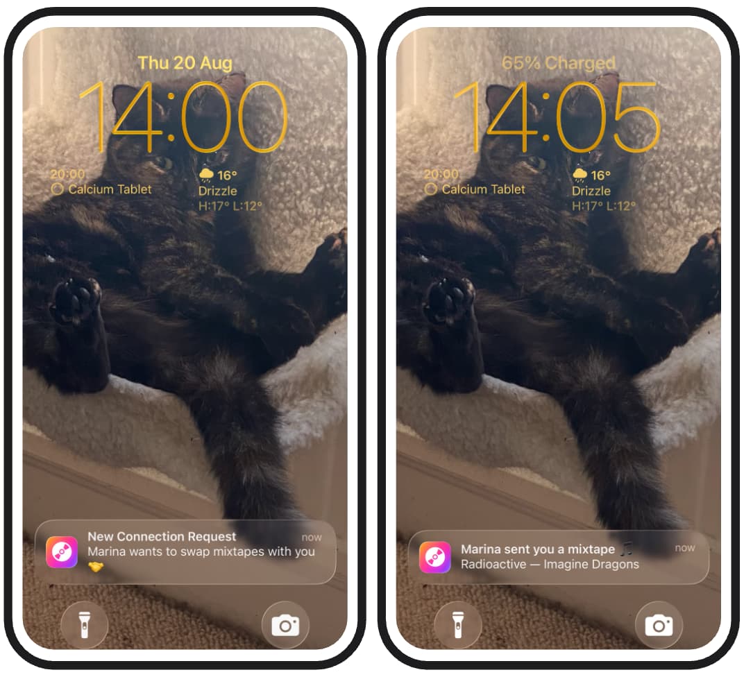 iOS lock screen notifications for a new connection request and a received mixtape song