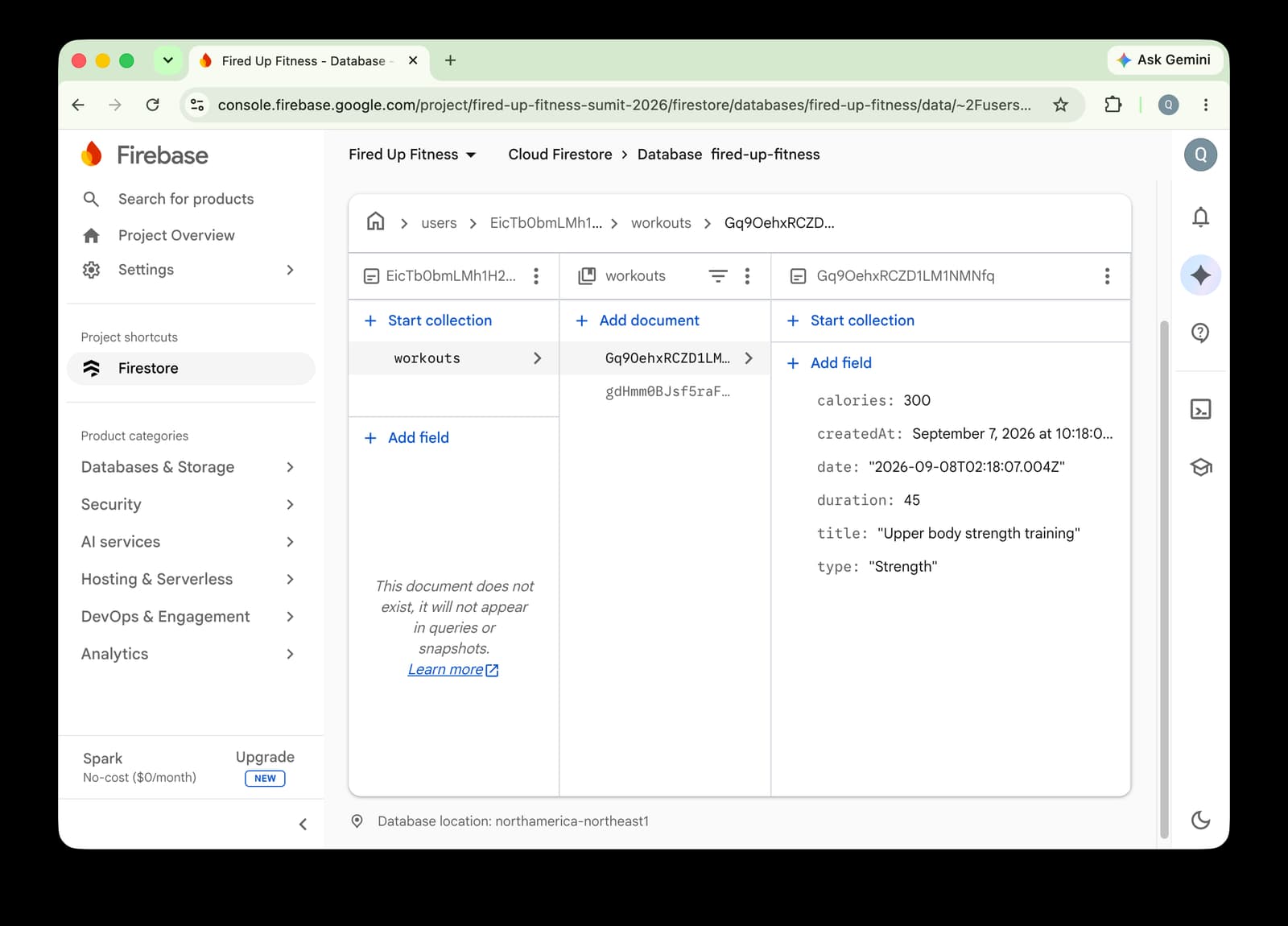 Firestore database console