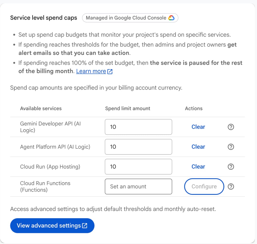 Firebase spend caps settings in the Firebase console