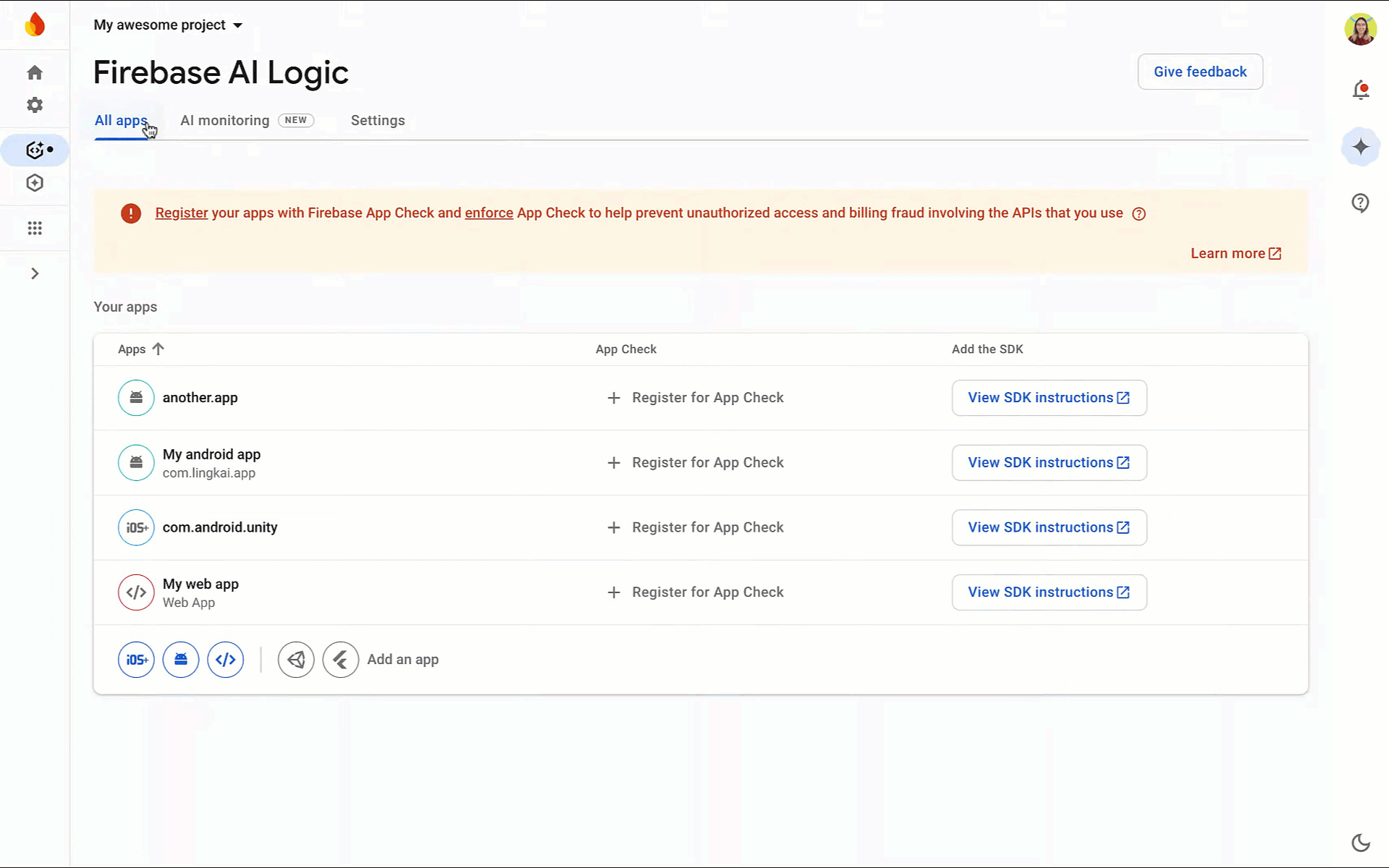 A screen recording of the AI monitoring dashboard in the Firebase consle. There are multiple charts showing requests and success rate, and filterable logs.