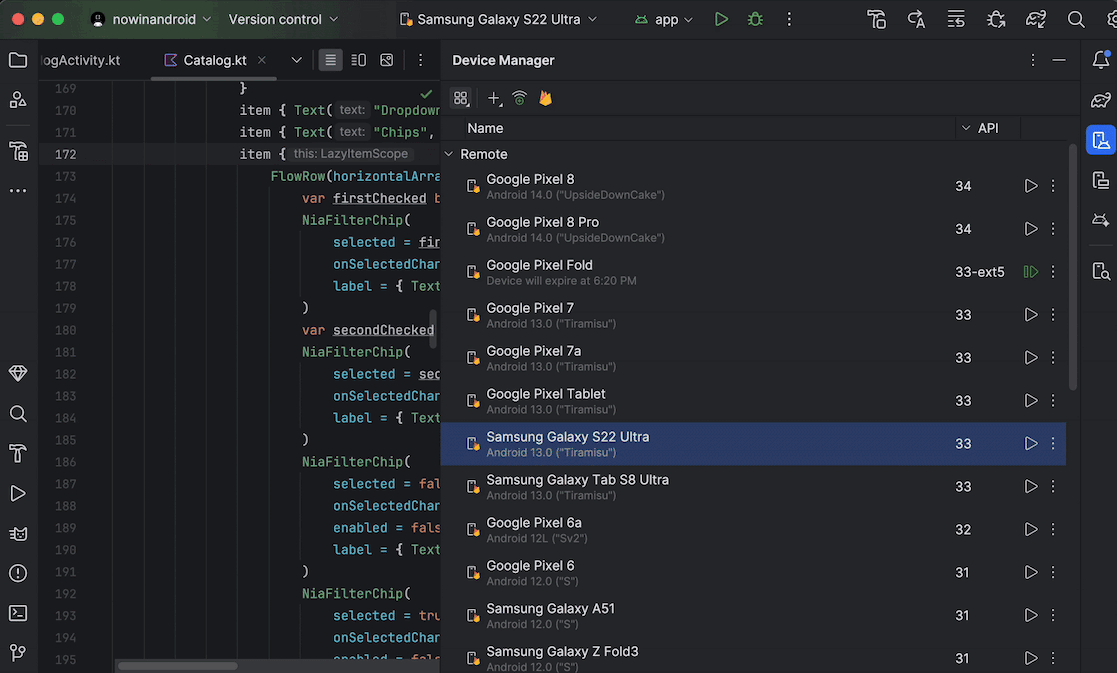 A screen recording of Android Studio showing a Pixel Fold being selected, and the device view showing the app. The device view can be changed between folded and unfolded modes for the Pixel Fold.