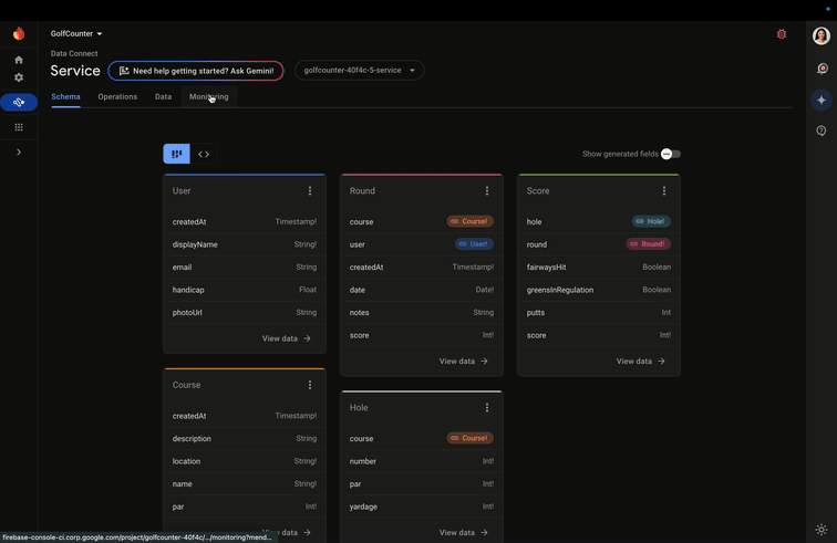 A screen recording where a developer clicks "Generate operations with Gemini" in the Data Connect page of the Firebase console. Operations like 'createUser' are automatically generated, and a deploy button is clicked, causing the new operations to show in the Firebase console.