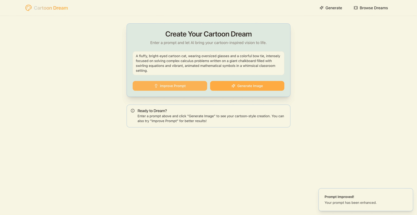 An app with the heading "Create Your Cartoon Dream". The user enters a prompt for a cat, and it is generated in a card titled "Your Cartoon Creation".